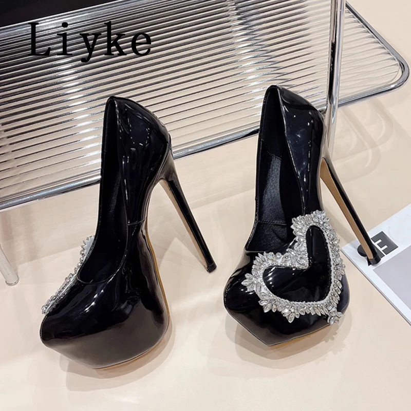 

Liyke 2024 New Fashion Crystal Heart-Shaped Platform High Heels Women Pumps Sexy Party Club Stripper Pole Dance Shoes Stilettos