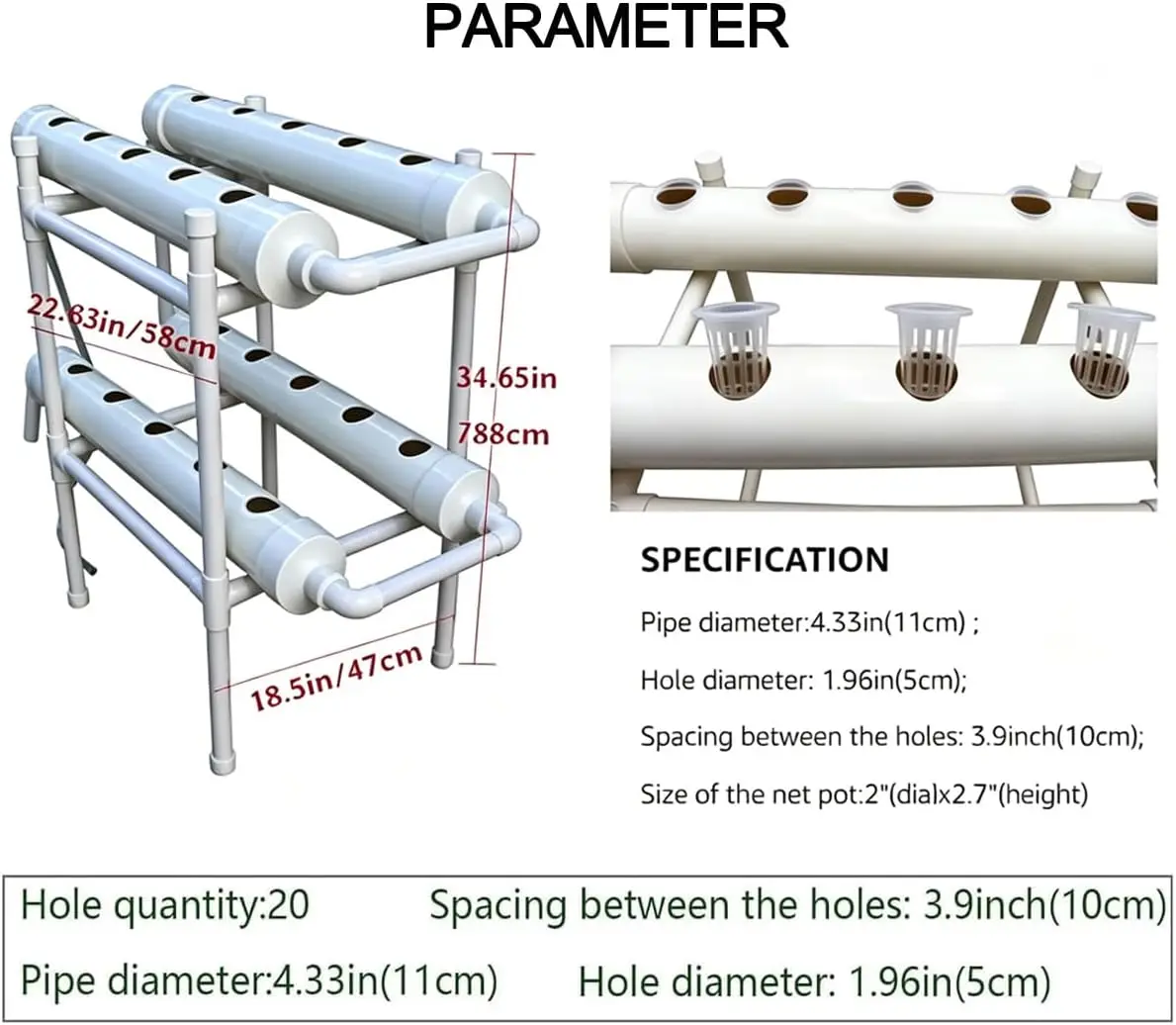 Hydroponic Growing System 20 Holes 4 Pipes 2 Layer Plant Site Grow Kit 110V Pump Extra Large Planting Basket Strawberry