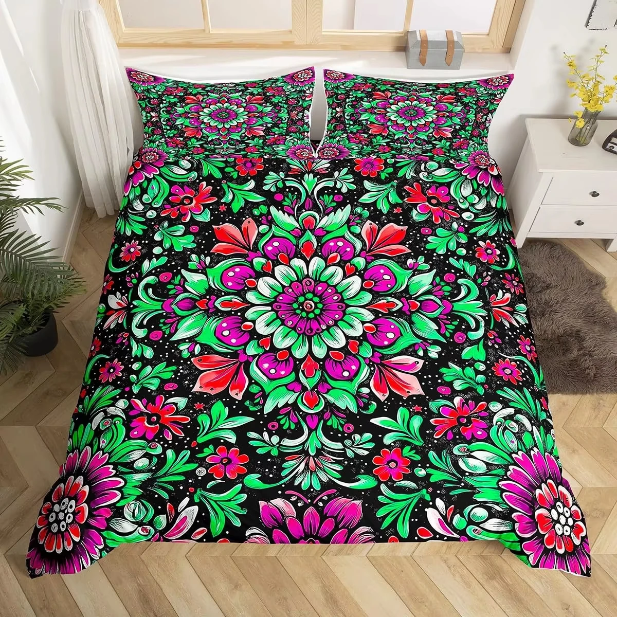 Purple Boho Comforter Cover Twin Full Mandala Duvet Cover, Ethnic Tribal Floral Bedding Set Nordic Style Mexican Bedspread Cover