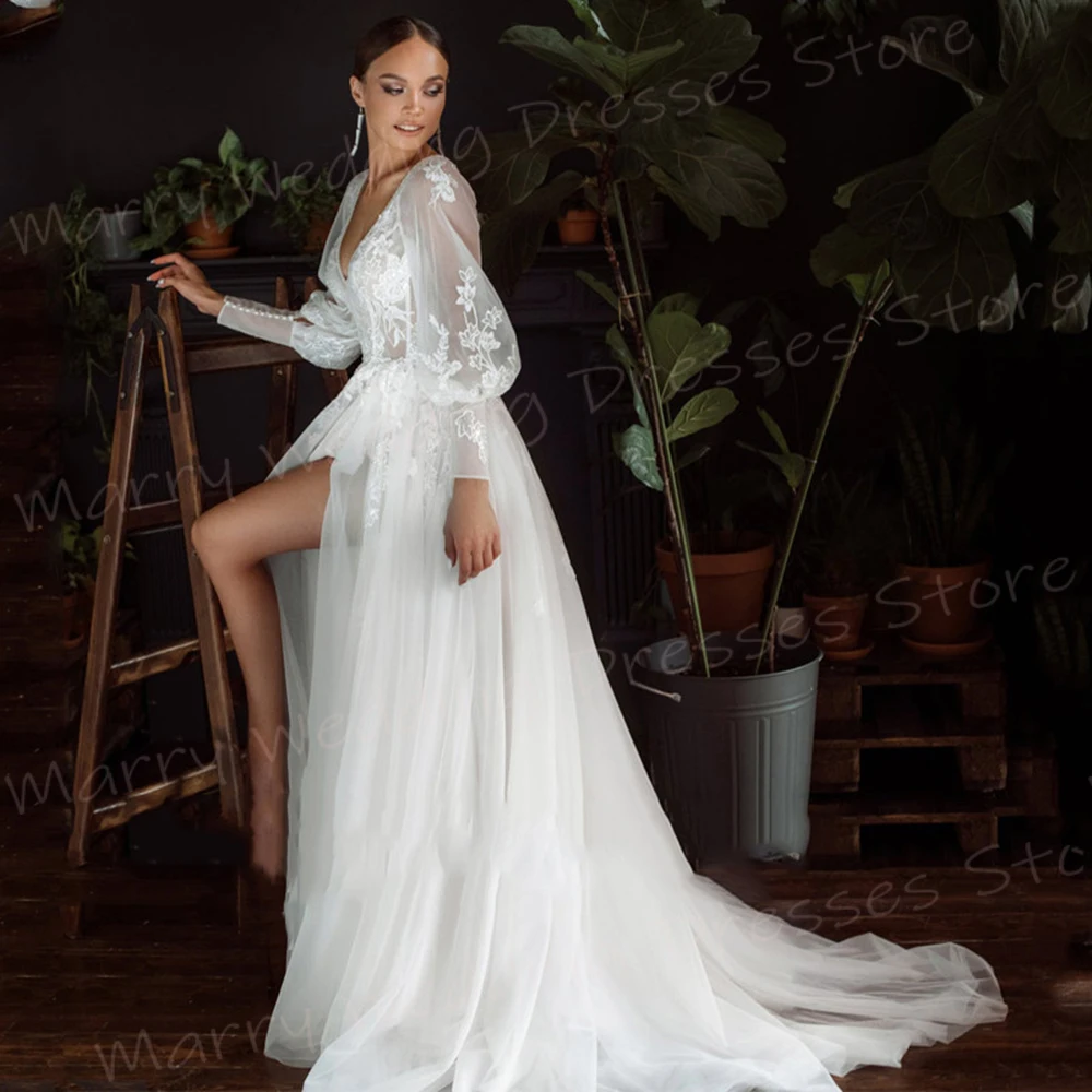 Boho wunderschöne eine Linie Frauen Brautkleider moderne Spitze Applikationen Brautkleider charmante V-Ausschnitt High Split Vestidos Novias Boda