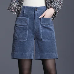 Corduroy Bermuda Shorts For Women Autumn New Korean High Waist Slim Loose Five-Point Casual Shorts Wide Leg Short Pants