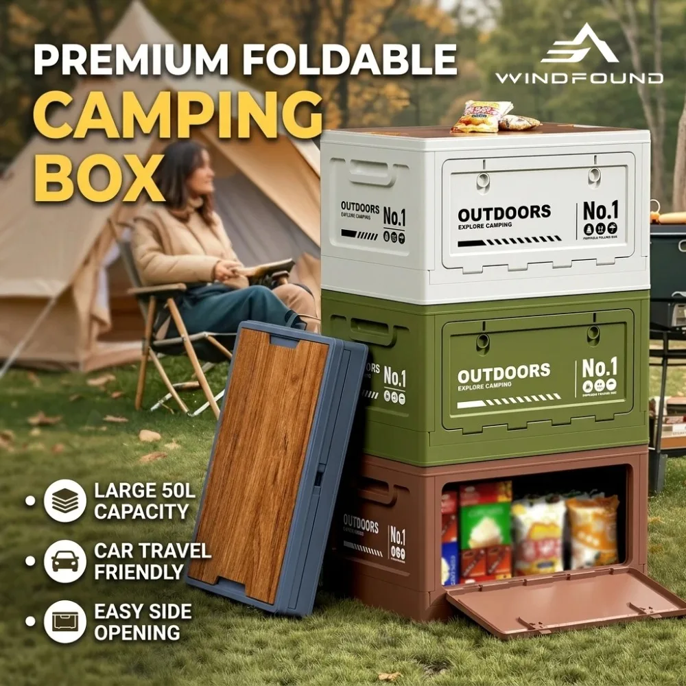 Camping Folding Storage Box with Wooden Lid, 26.7L Large Capacity Side Open Car Trunk Organizer Outdoor Camping Picnic Box