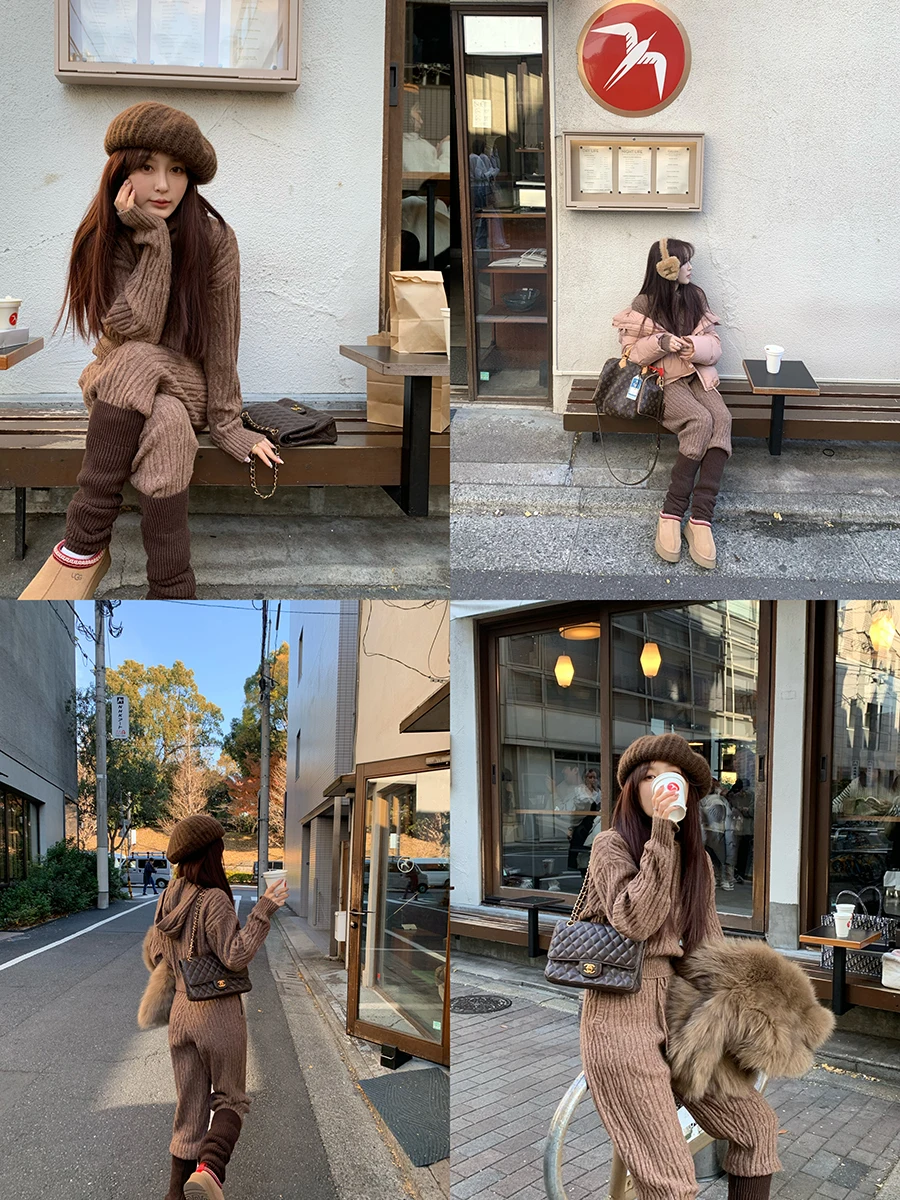 

Тяжелый вязаный комплект с узлом, высокая вязка, эластичная шерстяная смесь, ленивый повседневный свитер с капюшоном, брюки-морковка, женский модный комплект