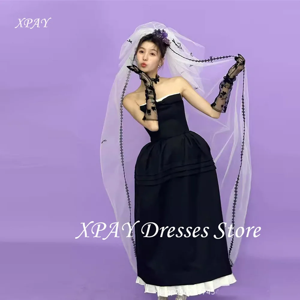 

XPAY Black Evening Party Dresses Korea Wedding Party Photo shoot Ankle Length Matte Satin Prom Gowns Formal Party Customized