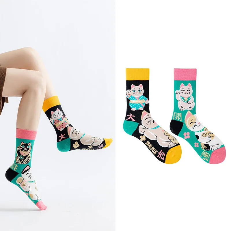 

1 Pair Cartoon Lucky Cat AB Style Personalized Fashion Men's Mid-calf Socks Suit in All Seasons
