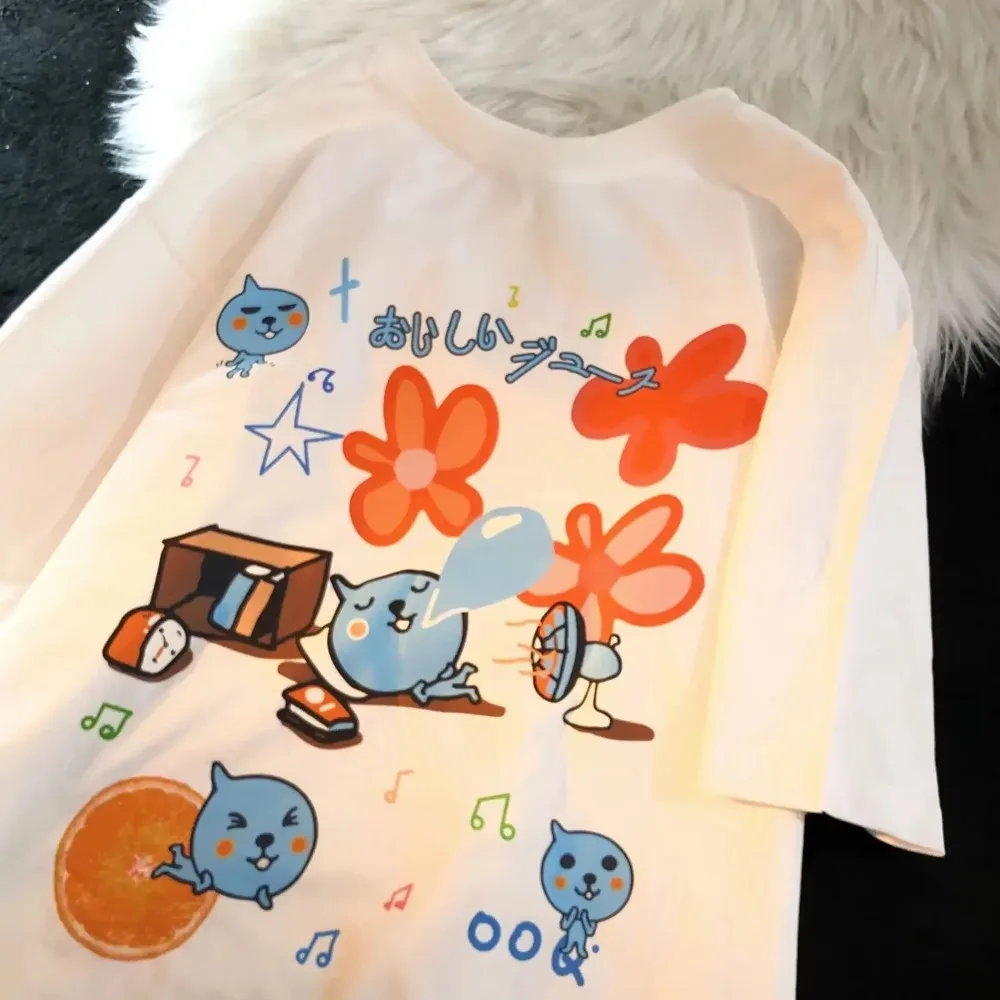 Summer Cool Cartoon Print Round Neck Short Sleeve T-shirt Couple Sweet Cool Fit Trend Y2K Top Clothing Breathable and Soft