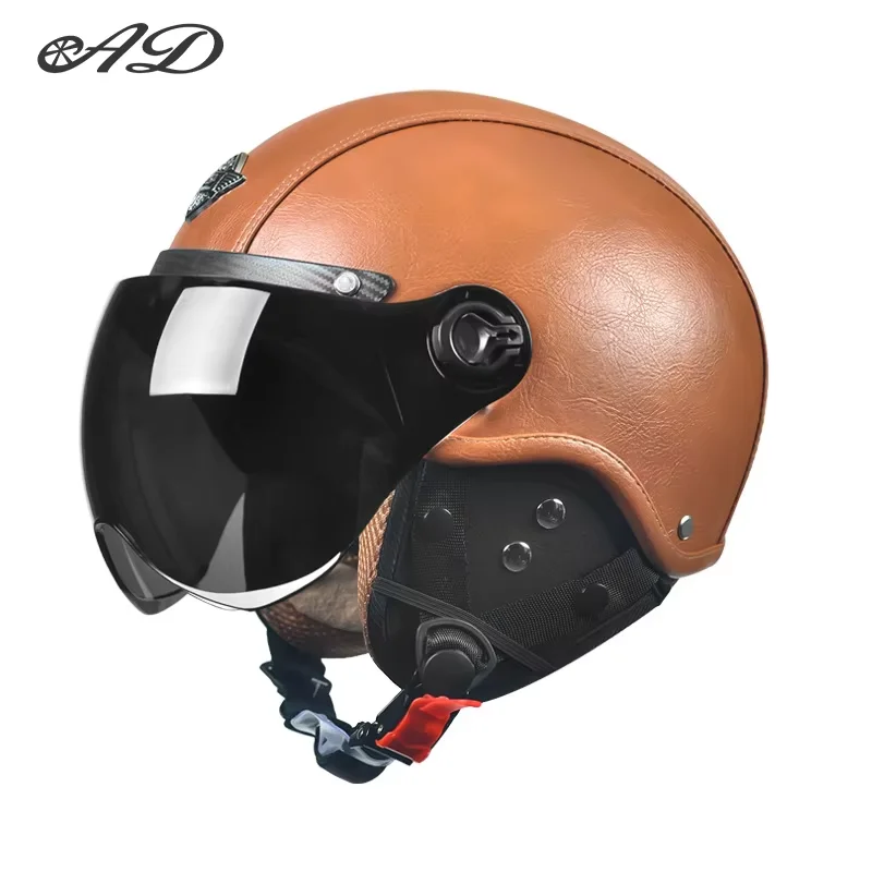 

High Quality AD Factory Retro Motorcycle Helmets With Harley Visor Leather Helmet Electric Motorbike Vintage Sunshade Safety Cap