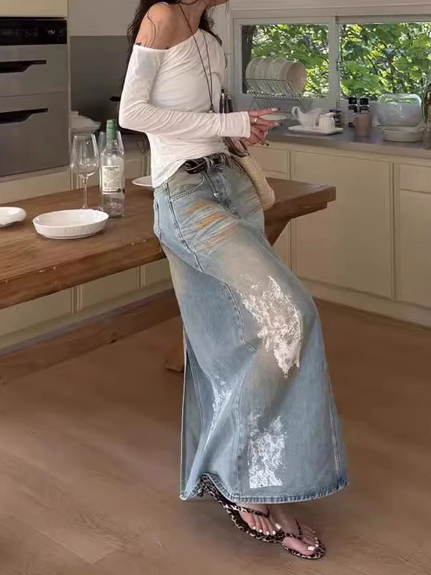 Outono inverno feminino vintage y2k split denim maxi saia a linha impressão harajuku japonês grunge 2000s cyber punk e-girl maré nova