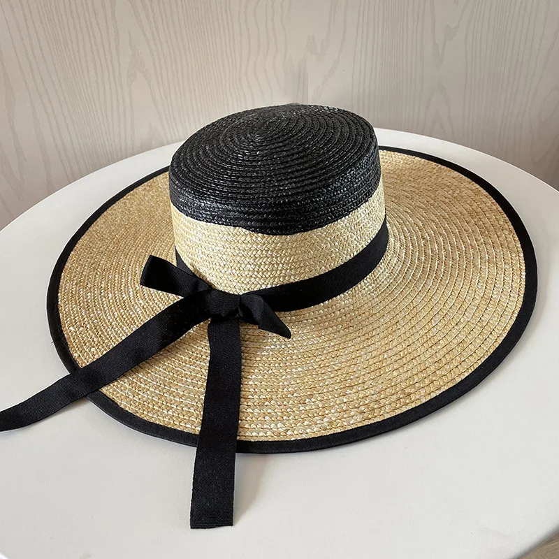 2022 New Wide Brim Boater Hat Wide Brim Straw Hat Flat Women Summer Ladies Hat White Black Straw Sun Hat Beach Cap Designer Hat