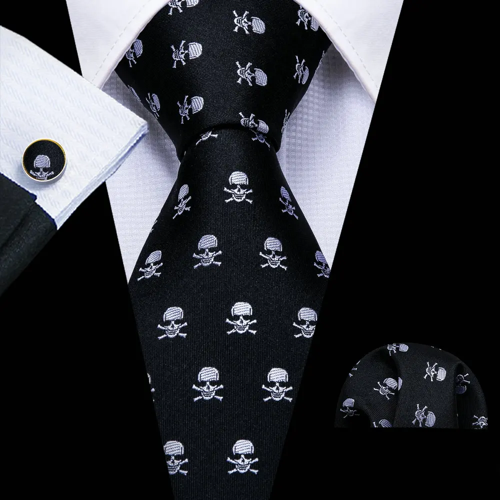 Black Skull Pattern Men Tie High Quality Silk Woven Pocket Square Cufflinks Sets Business Party Gifts Barry.Wang Designer 5326