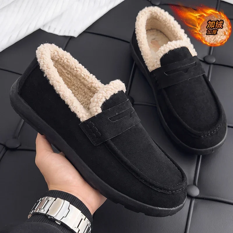 Men Slippers Suede Sewing Casual Slippers Big Size 39-47 Winter Warm Plush Comfortable Luxury House Indoor Bedroom Cotton Shoes