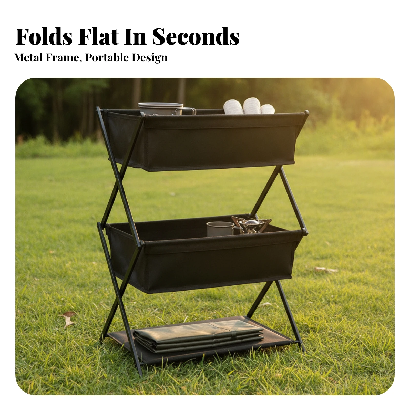 Folding Storage Rack with Cloth Bins Lightweight 3-Tier Camping Shelf Stand Heavy-Duty Furniture Stable for Campers, Picnics