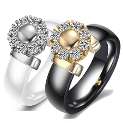 Luxury Sunflower Zircon Ceramic Ring For Women Girl Titanium Steel Metal Finger Jewelry Accessories Gift Black White Color