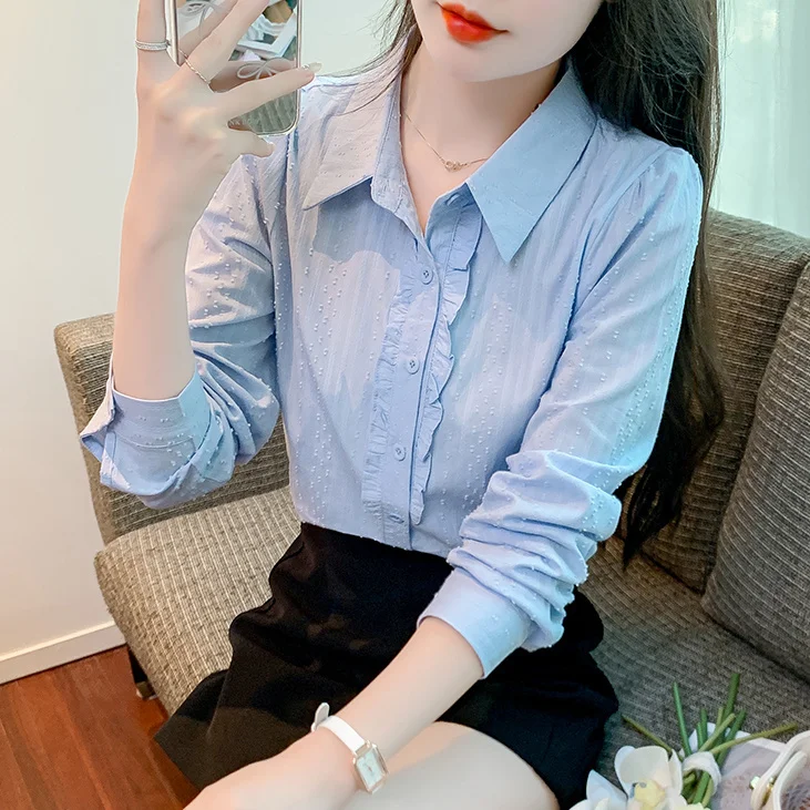 

Long Sleeve Shirts Womens Turn Down Collar Blouses With Polka Dot Print And Slim Fit Design For Office Lady Casual Work Outfits