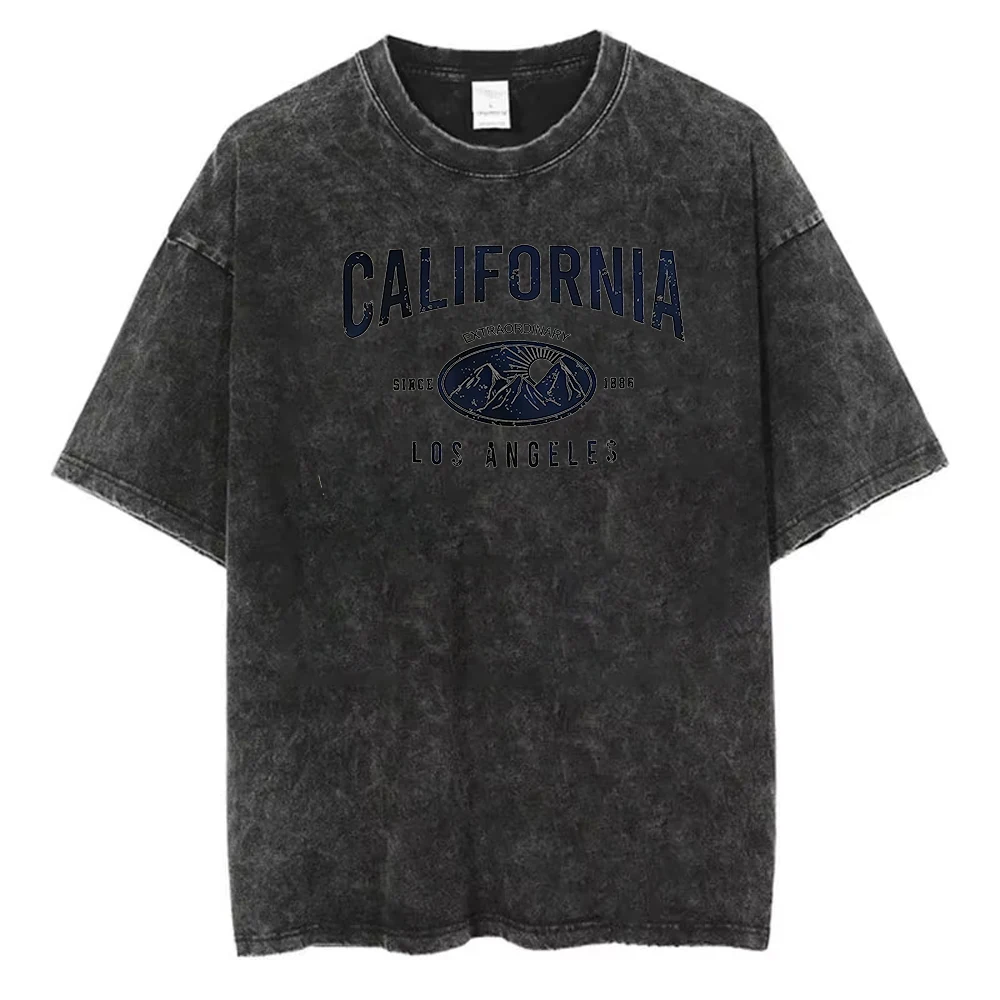 Vintage Washed Cotton T-Shirt Men California Los Angeles 89 Graphic Tee Retro Varsity Style Streetwear Acid Wash Loose Fit Top