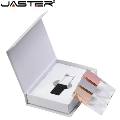 JASTER-Clé USB 2.0 en cristal argenté avec logo personnalisé gratuit, clé USB et boîte, cadeaux de photographie de mariage, noir et or, 16 Go, 32 Go, 64 Go, nouveau