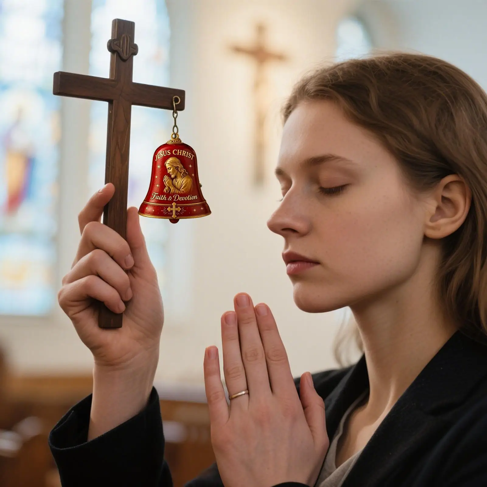 

Jesus Bless Christian Christmas Bell Decor Religious Holiday Bells for Church, Garden & Home Decor Wall, Mantle & Door Display