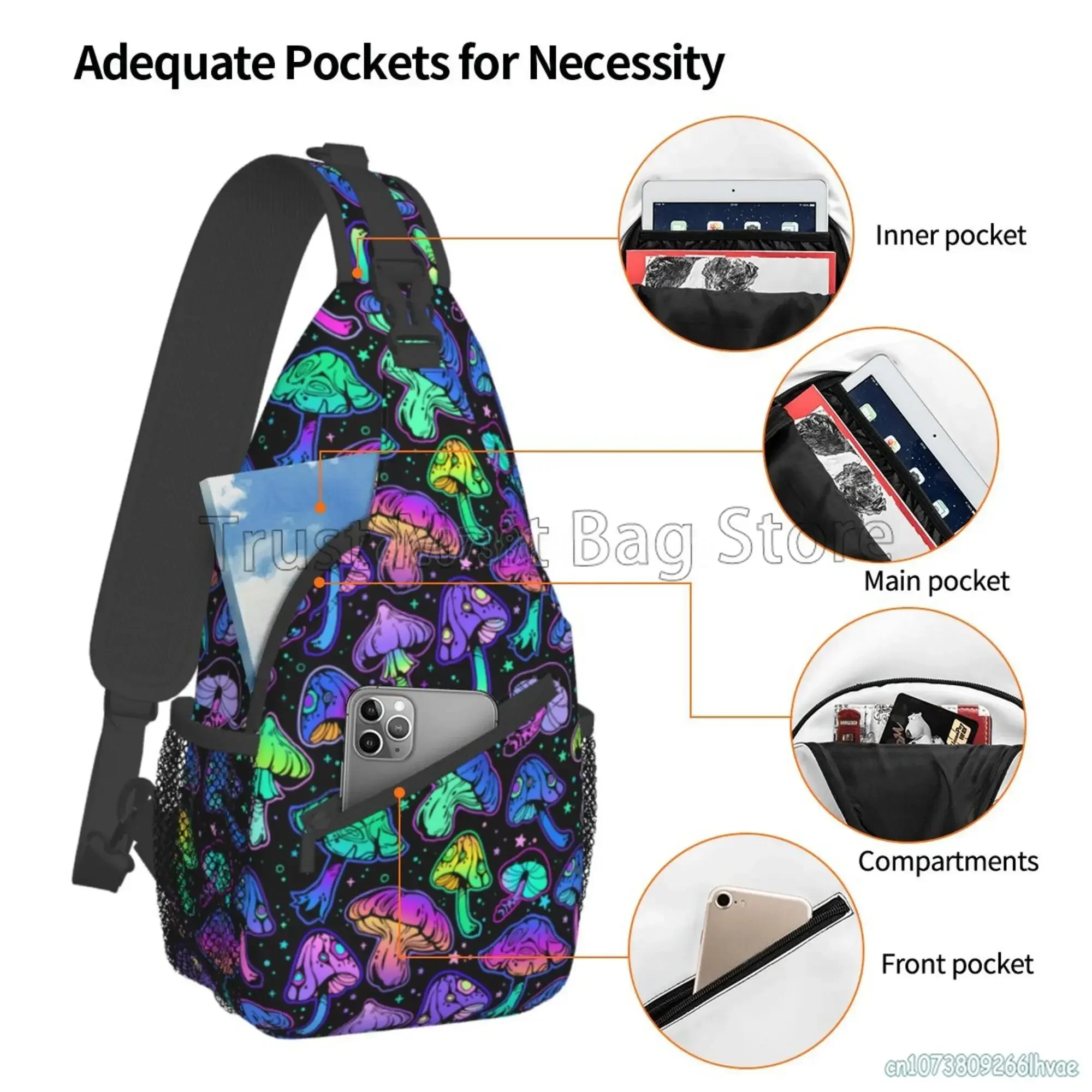 Colorido Magic Mushroom Sling Bag Casual Crossbody Mochila Viagem Caminhadas Daypack Leve Peito Bolsa Bolsas De Ombro Moda