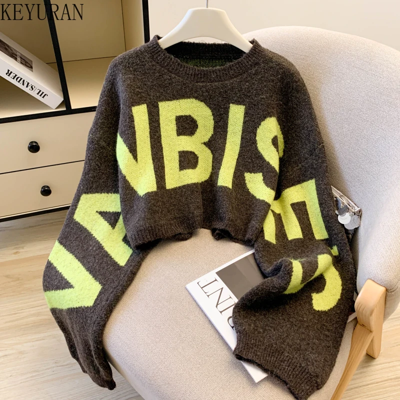 

Spring Autumn Casual Letter Print Long Sleeve Loose Short Sweater Women Korean Streetwear Casual Pullover Crop Top Lady Jumpers