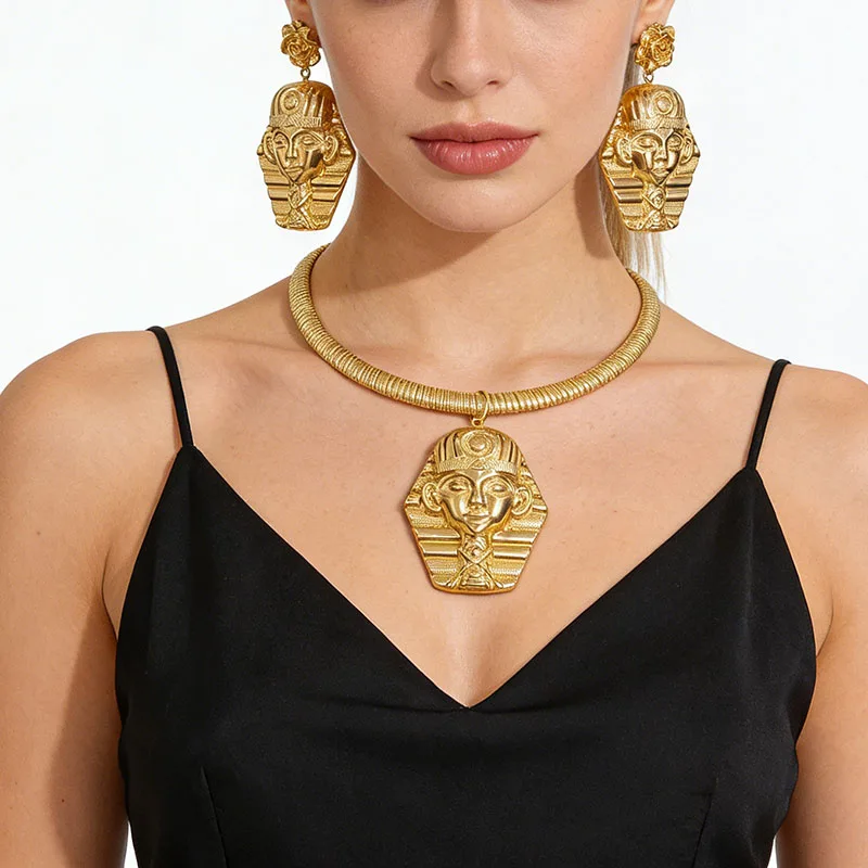 Vintage Jewelry Set Pyramid Ancient Egyptian Pharaoh Pendant Gold Color Copper Necklace Earrings Lady Jewelry Accessory Gifts