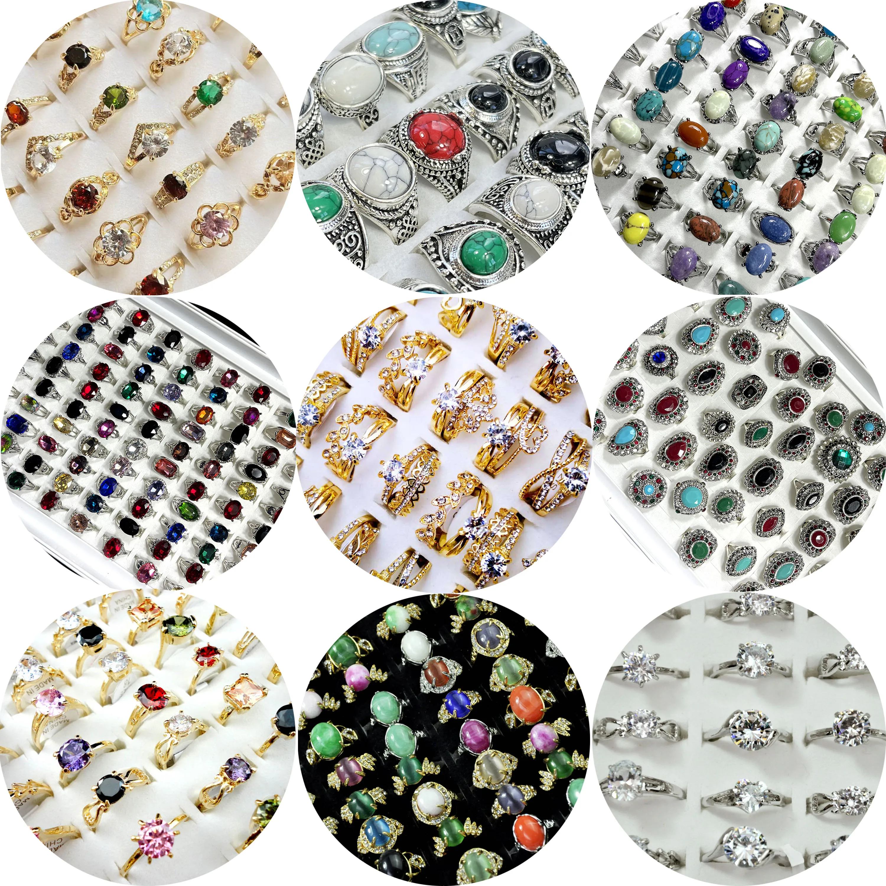 50Pcs /Lots Factory Wholesale Mix Style Vintage Silver Gold Plated Jewelry Rings Woman Size Female Jewelry Multiple Styles