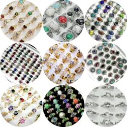 50Pcs /Lots Factory Wholesale Mix Style Vintage Silver Gold Plated Jewelry Rings Woman Size Female Jewelry Multiple Styles