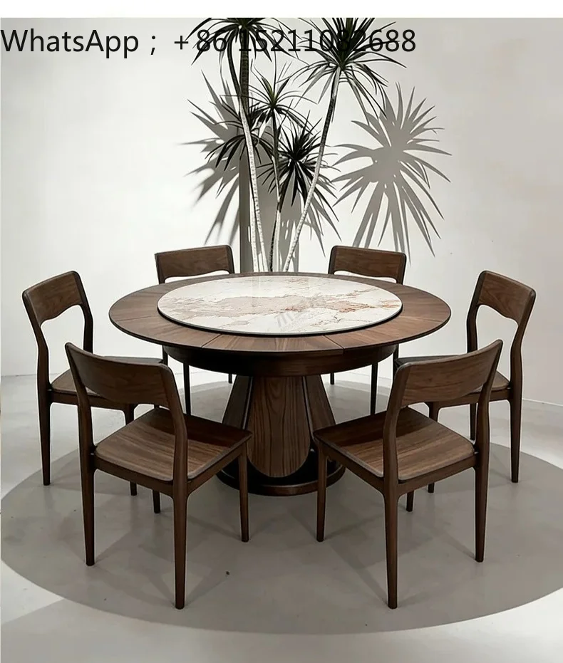 SCY multi-functional dining table rotating telescopic rock slab round table household round solid wood dining table and chairs