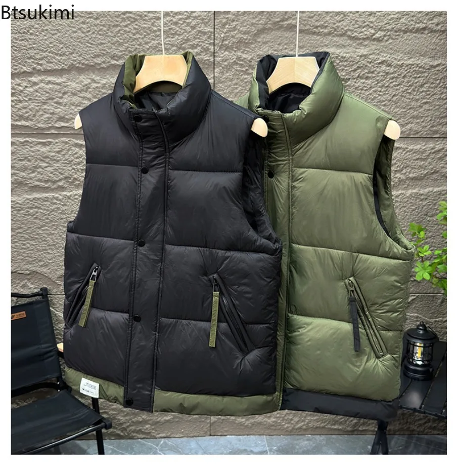 New Men's Casual Warm Sleeveless Vest Coats Mock Neck Thicken Windproof Jackets Winter Colorblock Down Cotton Vest Men and Women