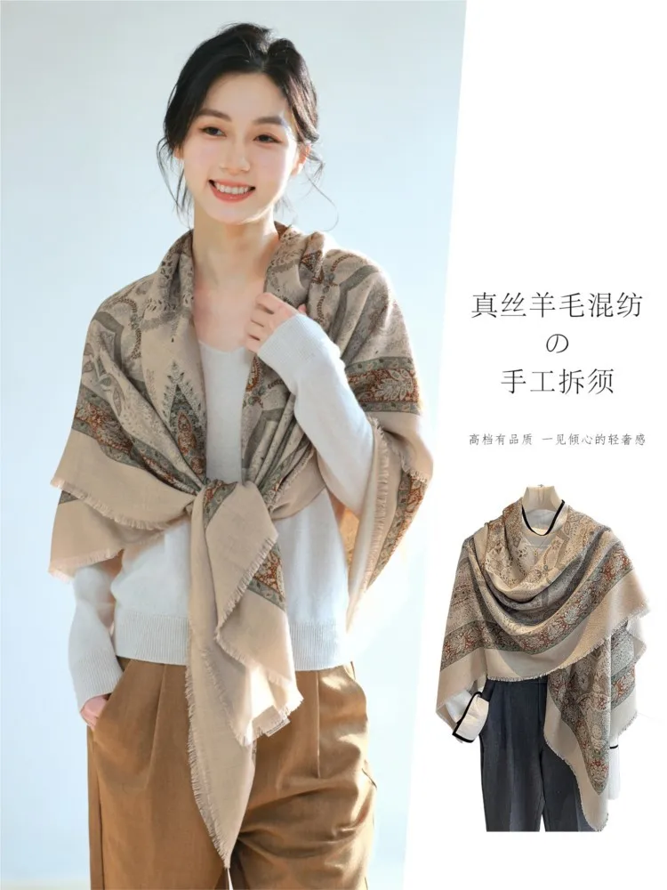 Silk and wool thin scarf for women new style large square air conditioner room shawl outerwear