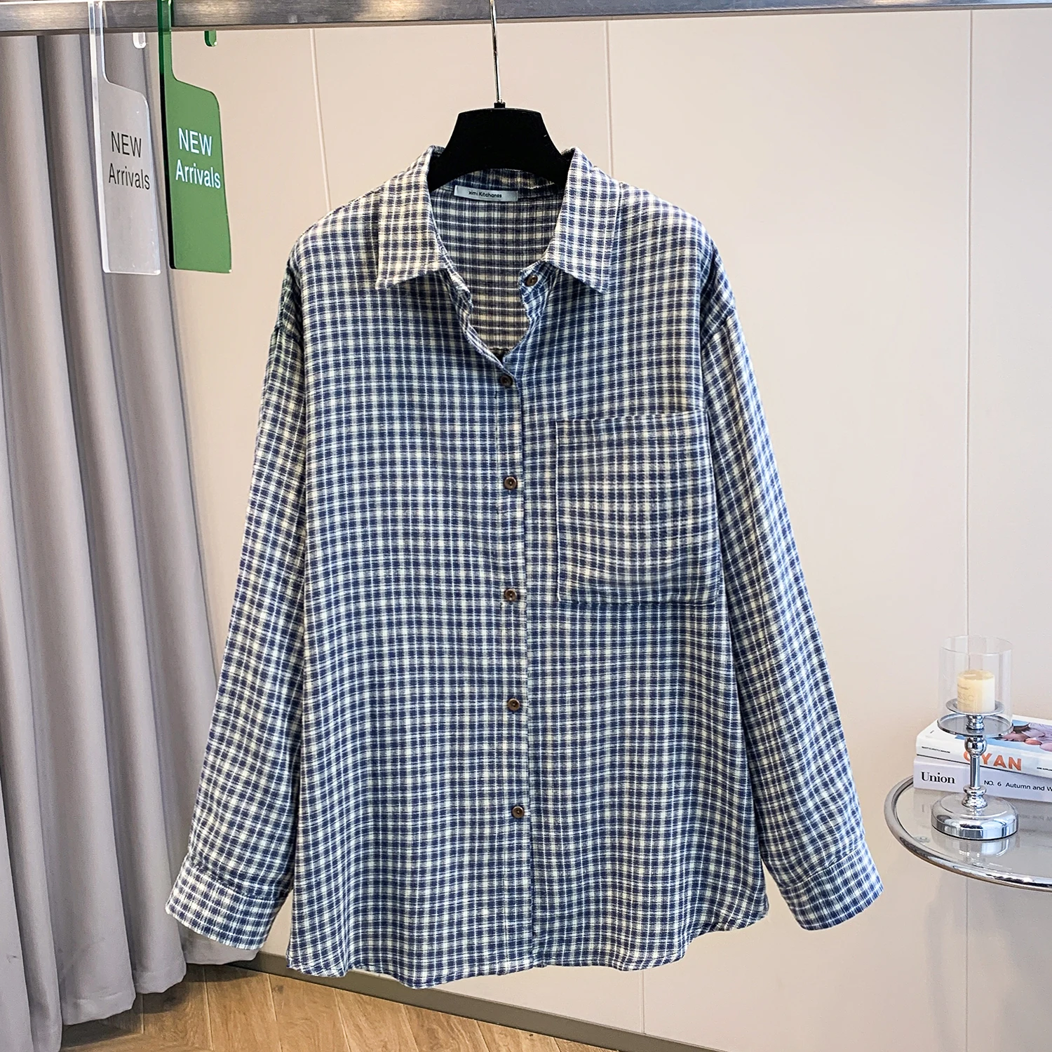 Cárdigan holgado a cuadros largo Sve para mujer irt Vintage azul Denim Floing versátil Casual Sle mezcla de poliéster y algodón