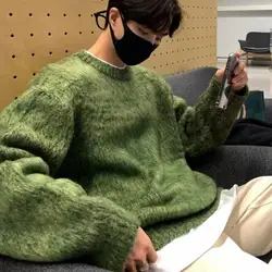 Winter Men Sweater Thick Round Neck Retro Soft Warm Elastic Anti-shrink Long Sleeve Knitted Pullover Mid Length Men Sweater