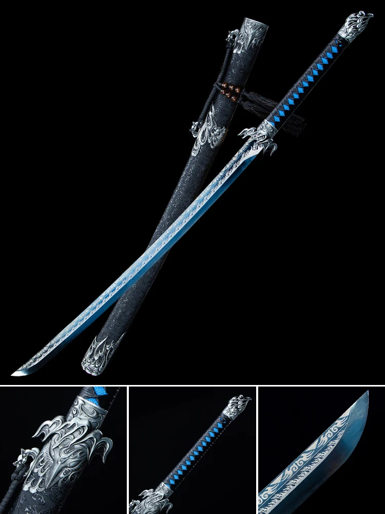 Handmade Chinese Kongfu Sword High Manganese Steel with Blue Color Blade Real Full Size Ready Training Silver Flame Catana