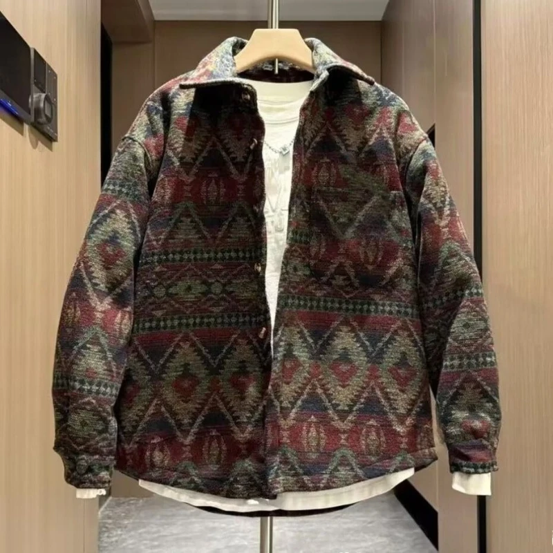 Men's Autumn Winter Vintage Ethnic Jacquard Padded Jacket Premium Loose Cool Style Thick Shirt Jacket Outerwear