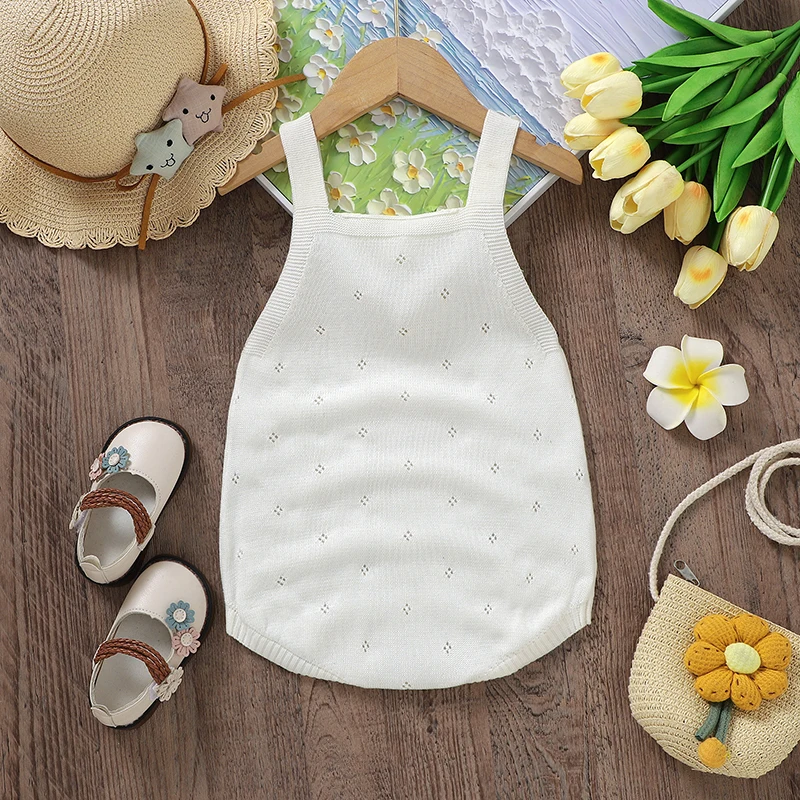 cWhite Sleeveless Knitted Newborn Baby Girls Bodysuits Clothing Fashion Floral Infant Outwear Onesie Coveralls Children Jumpsuit