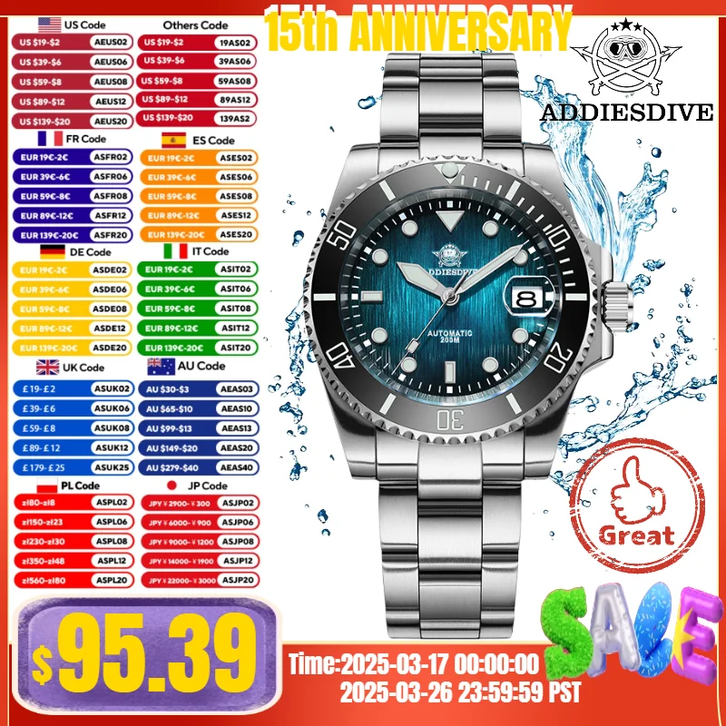 ADDIESDIVE 2025 NEW Watch For Men Reloj Sapphire Glass 200M Diving BGW9 Super Luminous Japan NH35A Automatic Mechanical Watches