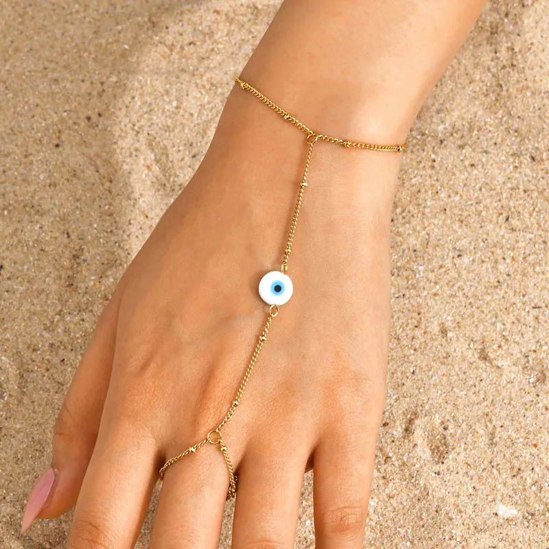

Evil Eye Hand Chain Bracelet Ring for Women, Stainless Steel Jewelry Protection Family Friends Gift