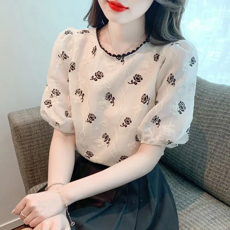 Women Summer Fashion Temperament Loose Printing O-neck Short Sleeve Chiffon Shirts Women Clothes Casual All-match Trend Top Tee