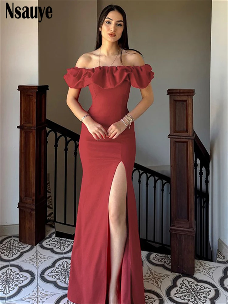 Nsauye Sexy Off Shoulder Sleeveless Ruched Prom Party Evening High Split Long Dresses Women Clothing Fashion Elegant Dress 2024