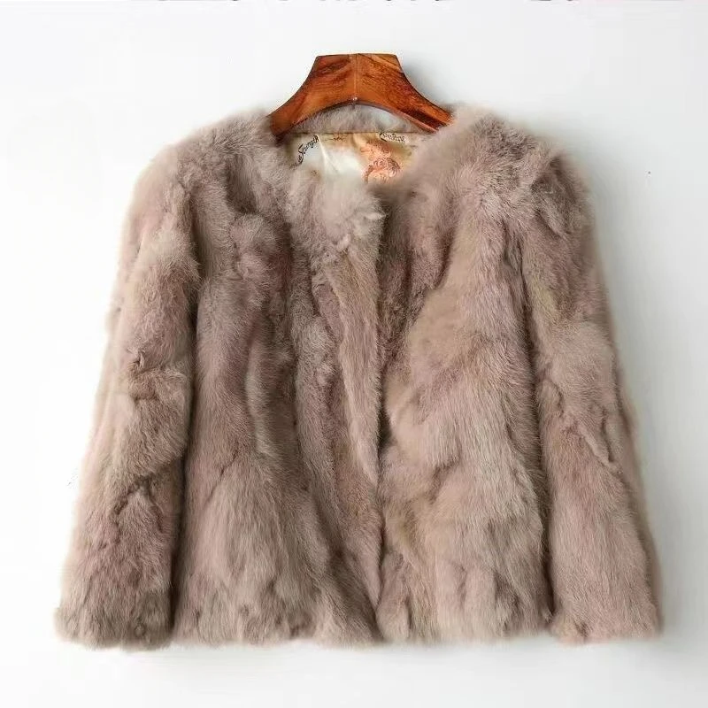 2024 New Fashion Autumn and Winter Explosion  Soft Comfort Real Rabbit Fur Coat  Female Jacket Short Slim Body with Round Collar