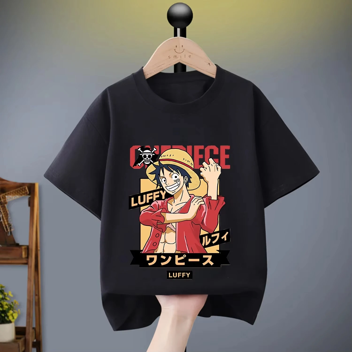 （Miniso）One Piece T-shirt Luffy Black White Children Cotton Fashion Anime Figure Clothing Cartoon Tops Kids Summer Men Clothing