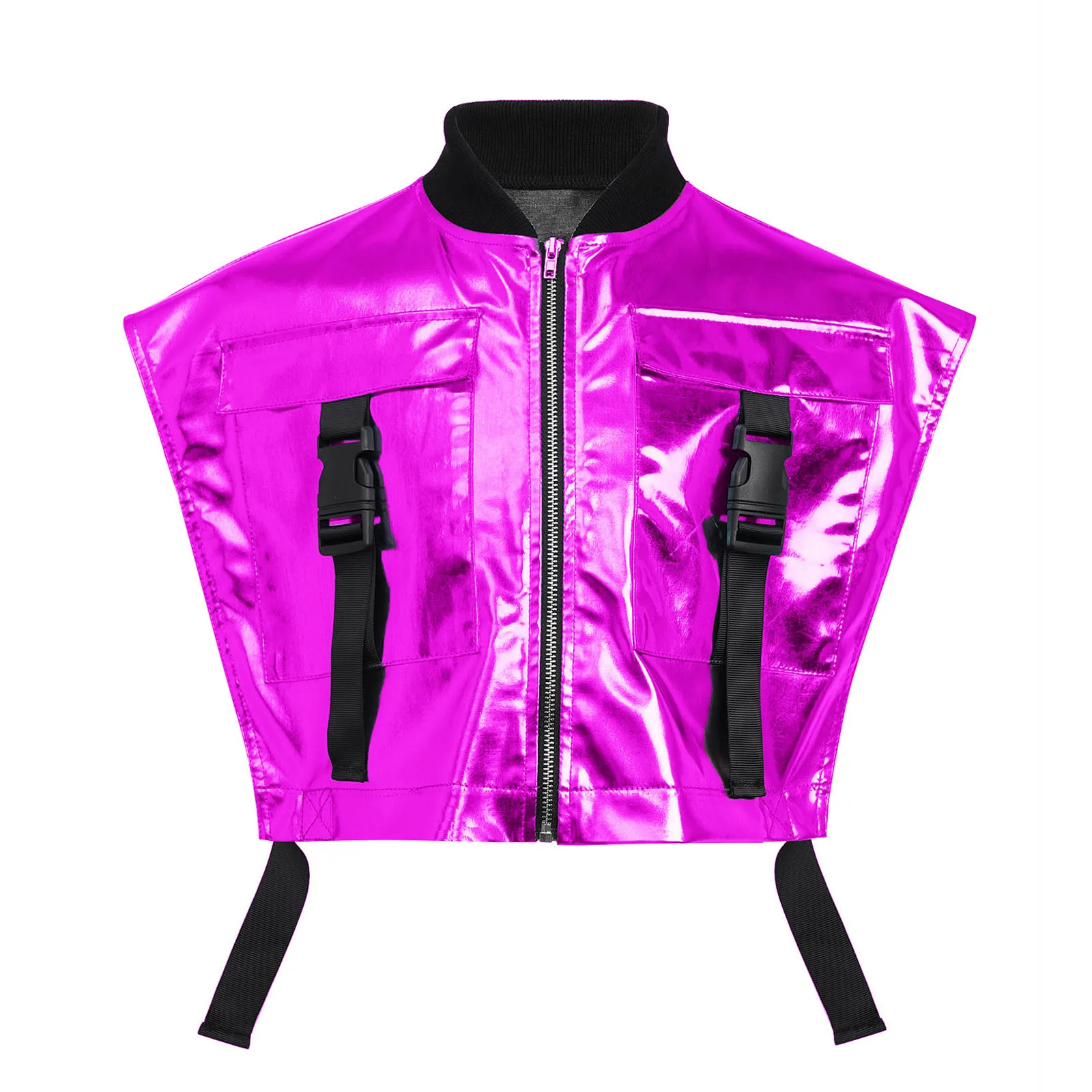 

Kids Girls Sides Open Metallic Vest Sleeveless Zipper Shiny Jacket with Buckle Pockets for Jazz Dance Stage Performance Top