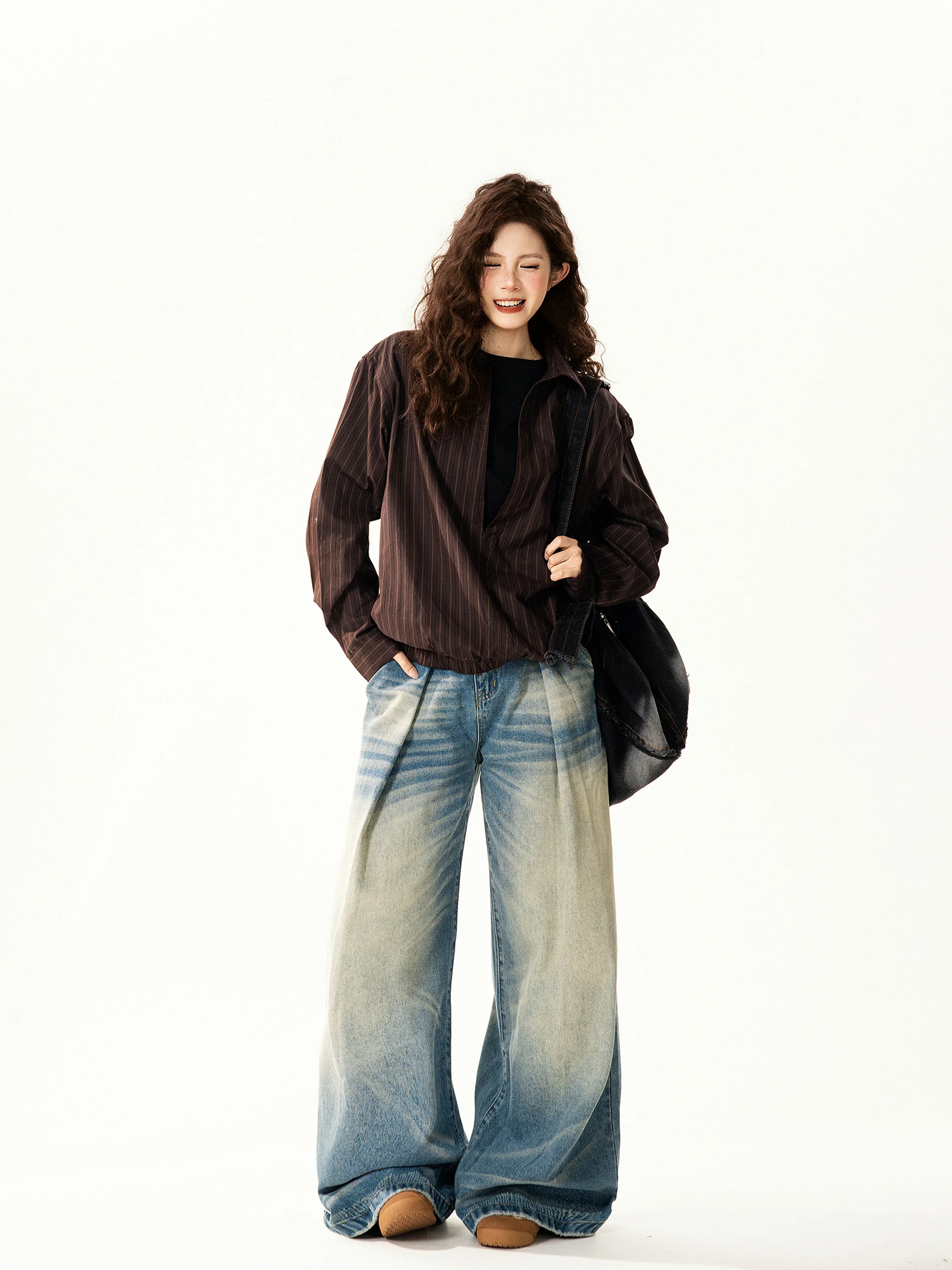 

Женская рубашка Street Sle свободного кроя в полоску с длинными рукавами, имитация двухслойного дизайна, универсальная, повседневная, модная, китайского происхождения