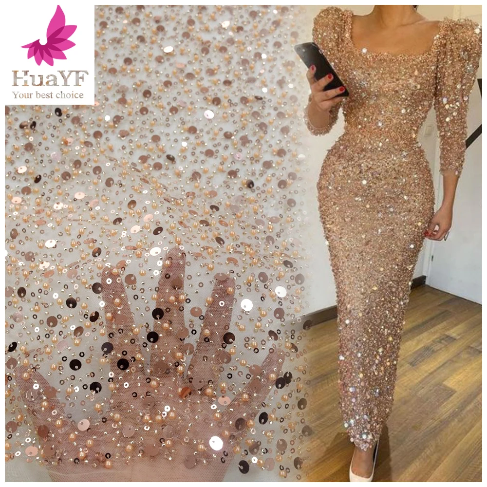 1 Yard  Fashion Rose Gold Tulle Lace Fabric Sequin Pearl French Mesh Collection Bridal Romantic Wedding Dress HY1334