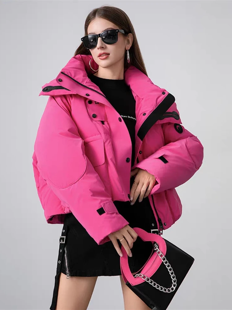 Winter Short Down Jacket Women New Fashion Y2k Hooded Large Pocket Stitching Parkas Loose Street White Duck Puffer Coat Outwear