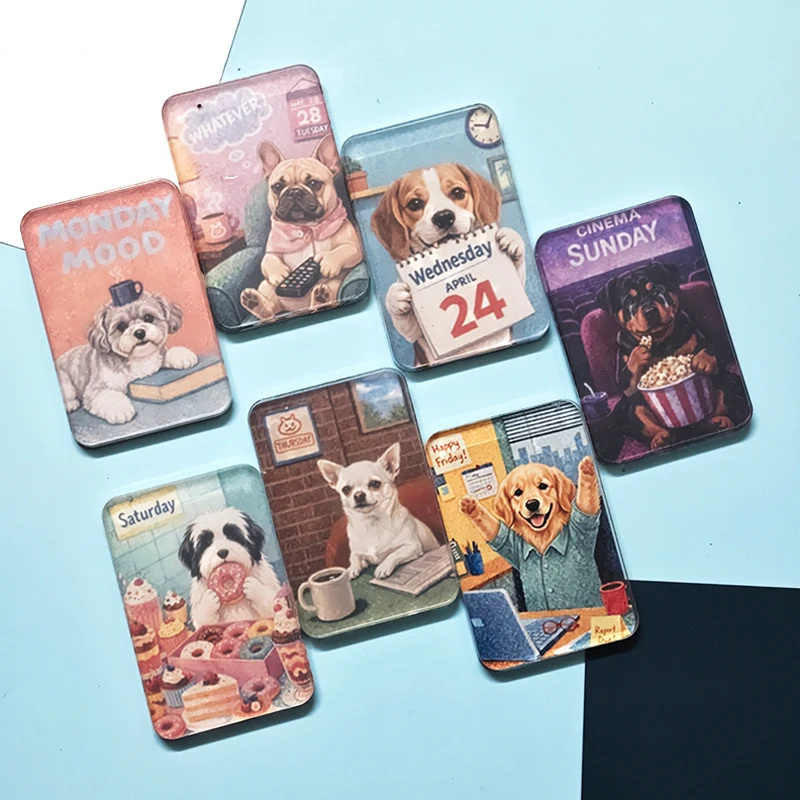 Pet Dog Weekly Fridge Magnets Set 7 Pcs 5mm Thick Acrylic VintagePuppy Refrigerator Magnet with Free Sunday Secret Design Gift