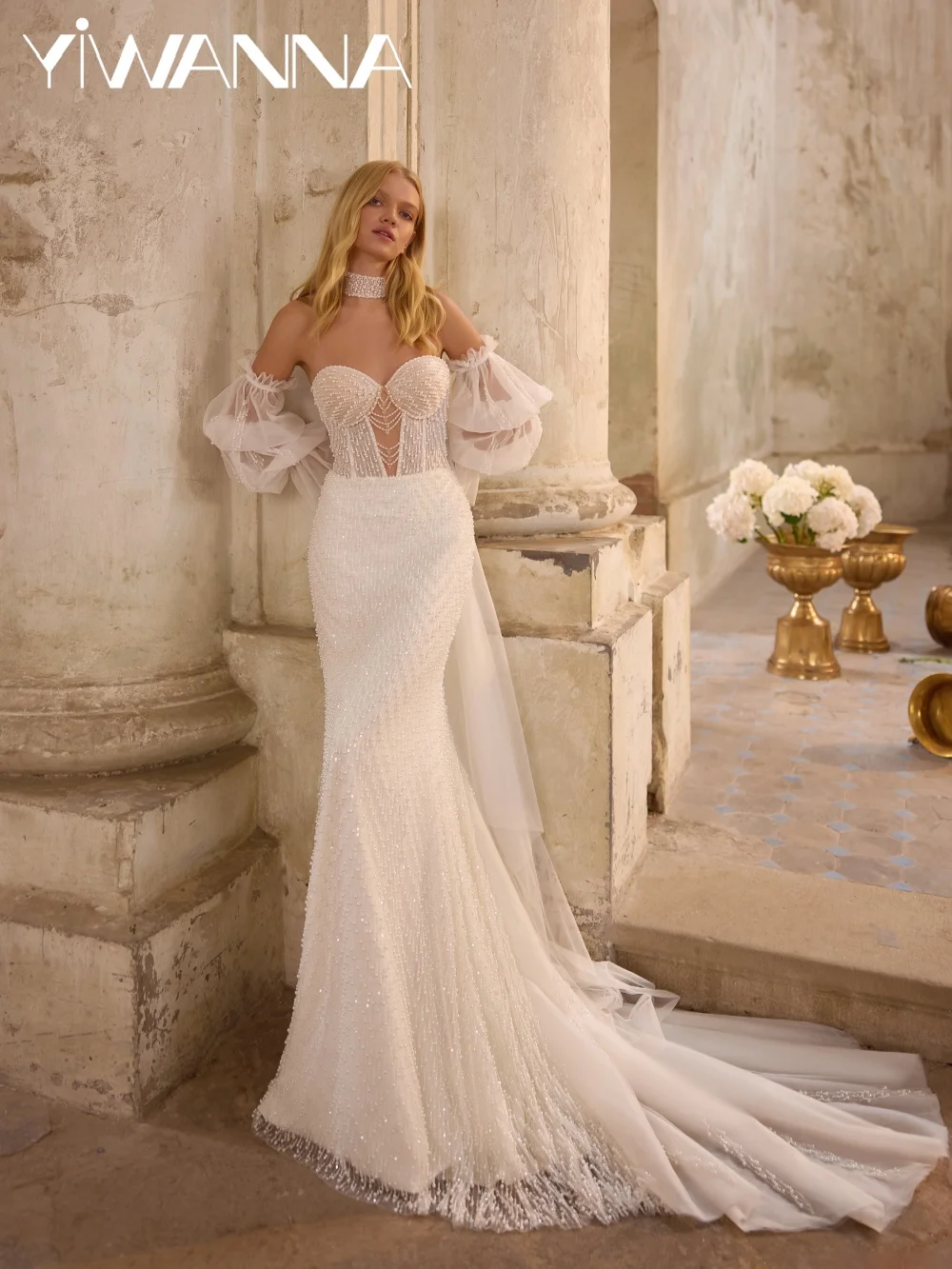 Opulent Dazzling Pearls Wedding Dress Detachable Sleeve Mermaid Long Bridal Gown Customized Sweetheart Neck Dresses For Bride