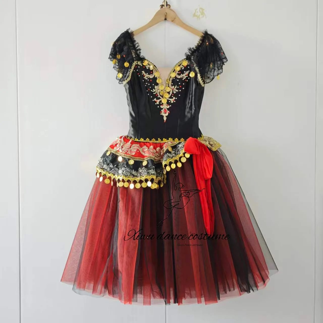Glamorous Black Red Flamenco Style Ballerina Dress - Gold Embroidered Stage Tutu view 6
