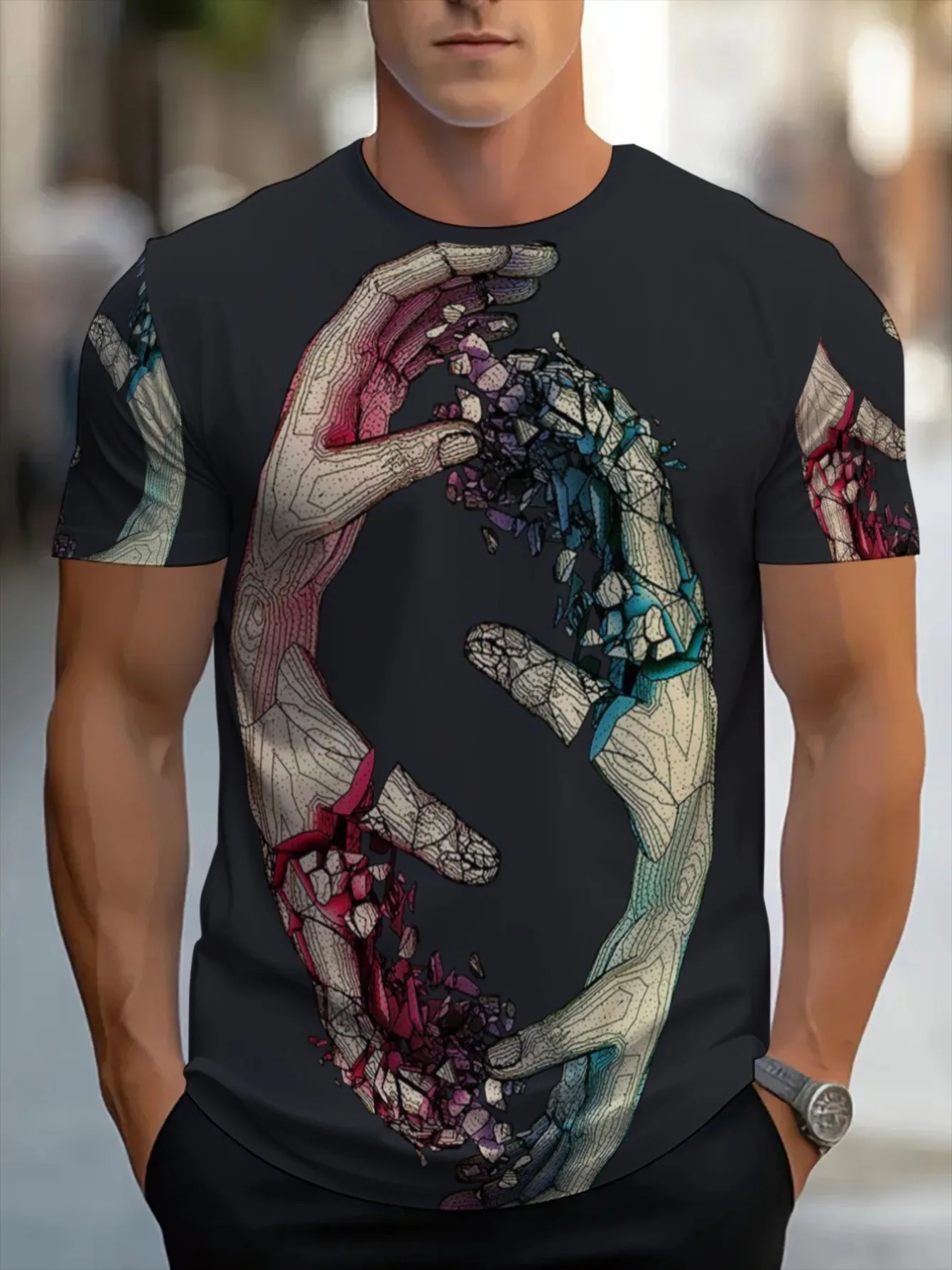 Men Black Tee Crack Fragment Hands Abstract Print O Neck Short Sleeve Summer Casual Top