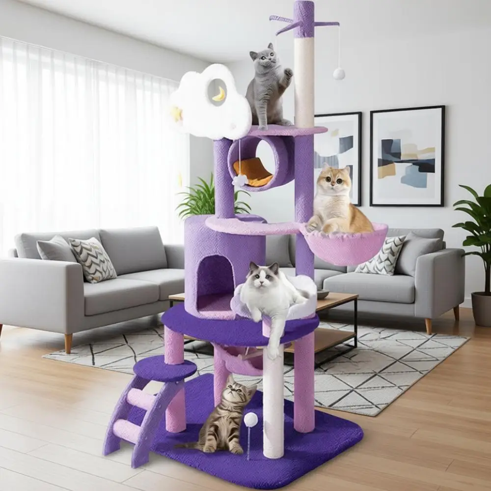 

67-дюймовая большая кошачья лестница для дома с сизалевым стволом для когтетрения, многоуровневый большой плюшевый домик-центр активности для котят