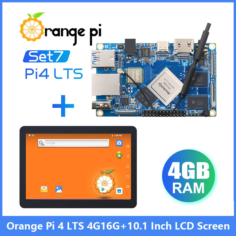 Orange Pi 4 LTS 4G16G+10.1 Inch LCD Screen, Rockchip RK3399,Support Wifi+BT5.0,Gigabit Ethernet, Run Android,Ubuntu,Debian OS